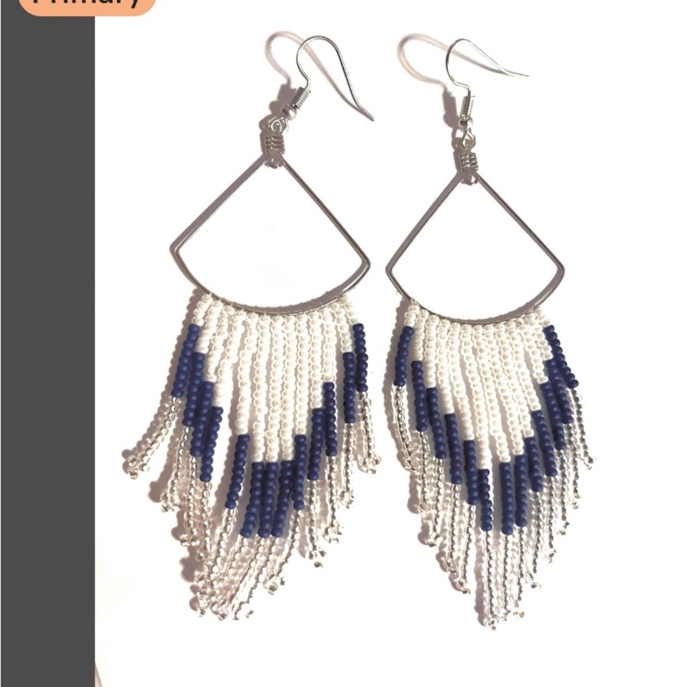 Beaded Fringe Drop Earrings - White Navy Silver Handmade